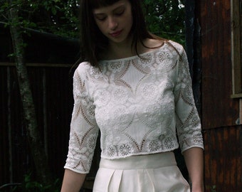 Cotton Lace Bolero, button back white lace top, bridal top made in english cotton lace, bridal top, white, off-white, cream lace top uk