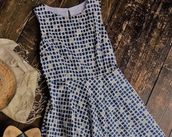 Sample Sale - Blue grey white checked organic cotton dress, wedding guest dress, summer dress, mid length dress with pockets, size M uk