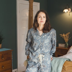 Organic Cotton Pyjama trousers and shirt, light blue William Morris print organic cotton Pyjama set, Handmade in the UK, Gifts for her image 6