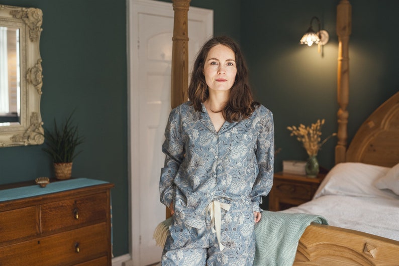 Organic Cotton Pyjama trousers and shirt, light blue William Morris print organic cotton Pyjama set, Handmade in the UK, Gifts for her image 6