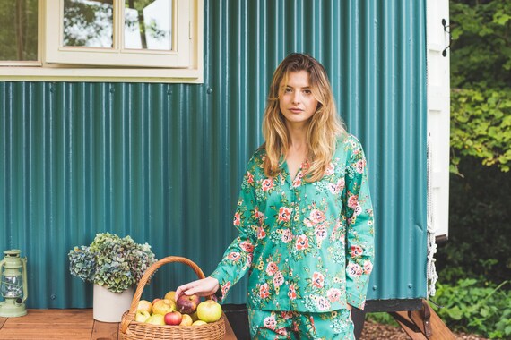 100 Organic Cotton Pyjama Set Rose Print Womens Organic Cotton