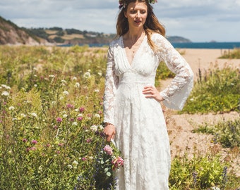 Long cotton lace wedding dress - boho wedding dress, 'Willow' wedding dress, cotton lace wedding dress, eco wedding dress, handmade in UK