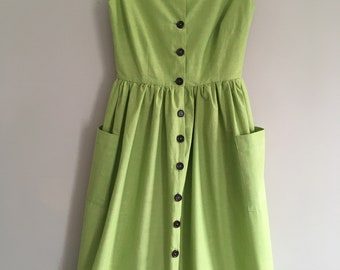 sample sale - chartreuse organic cotton dress, lime green sundress, mid length button front dress, summer dress, size S uk