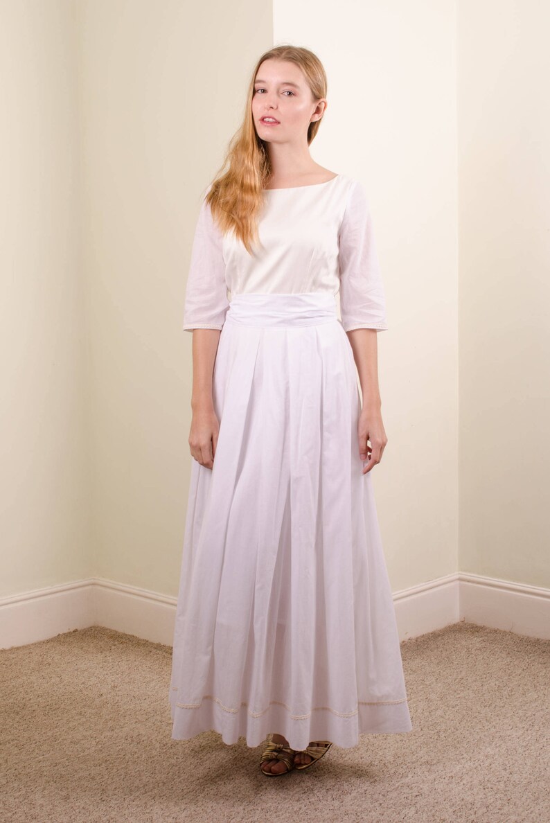 sample sale long organic cotton white dress, cotton wedding dress, long white summer dress with 3/4 sleeves, casual wedding dress size S image 2