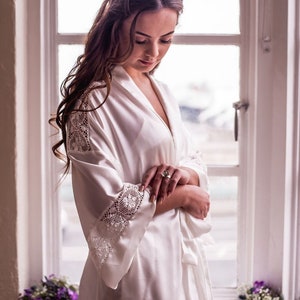 Bamboo Kimono Style Dressing Gown with Cotton Lace Detail, Vegan 'Silk' Robe -bridal dressing gown, bamboo dressing gown, handmade in UK