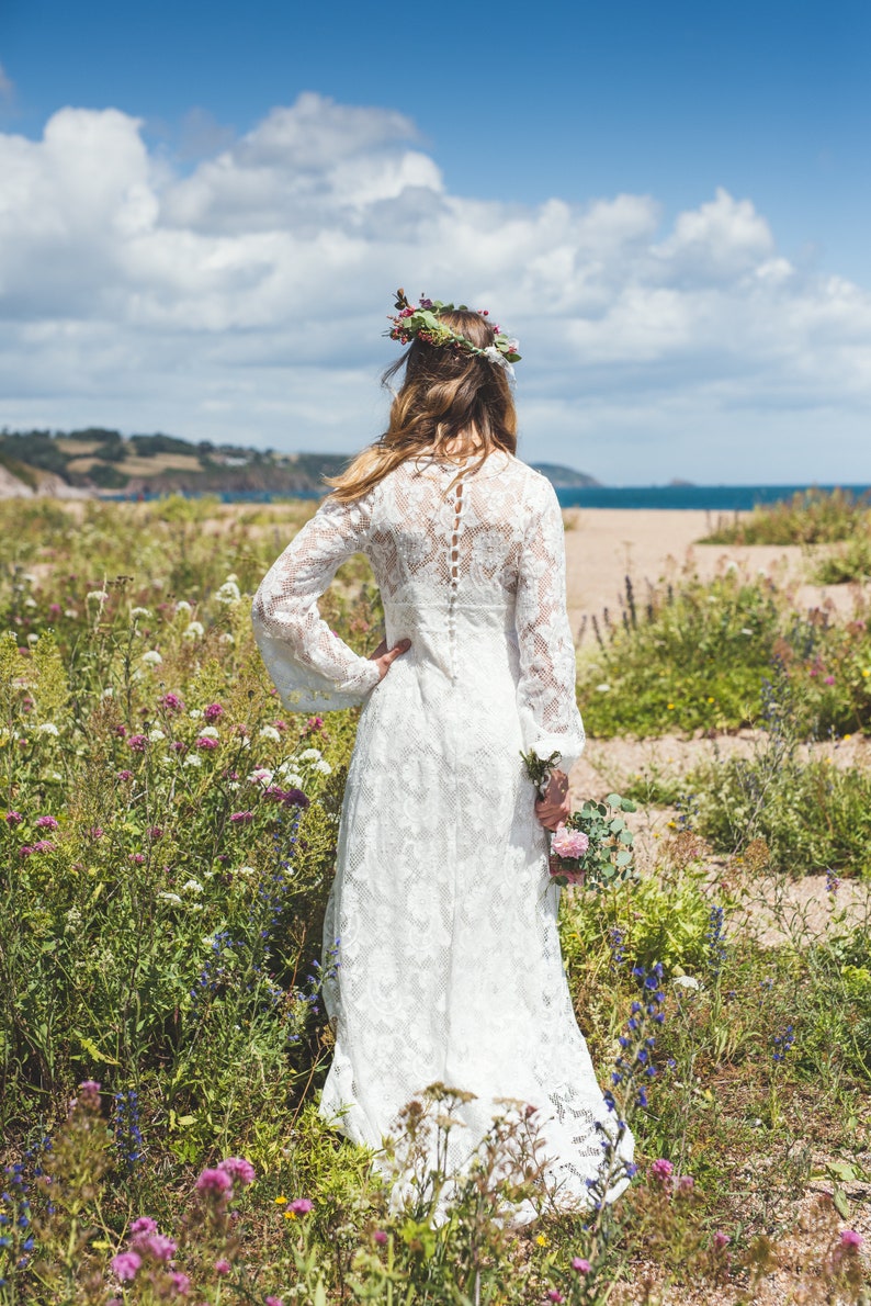 Long cotton lace wedding dress boho wedding dress, 'Willow' wedding dress, cotton lace wedding dress, eco wedding dress, handmade in UK image 3