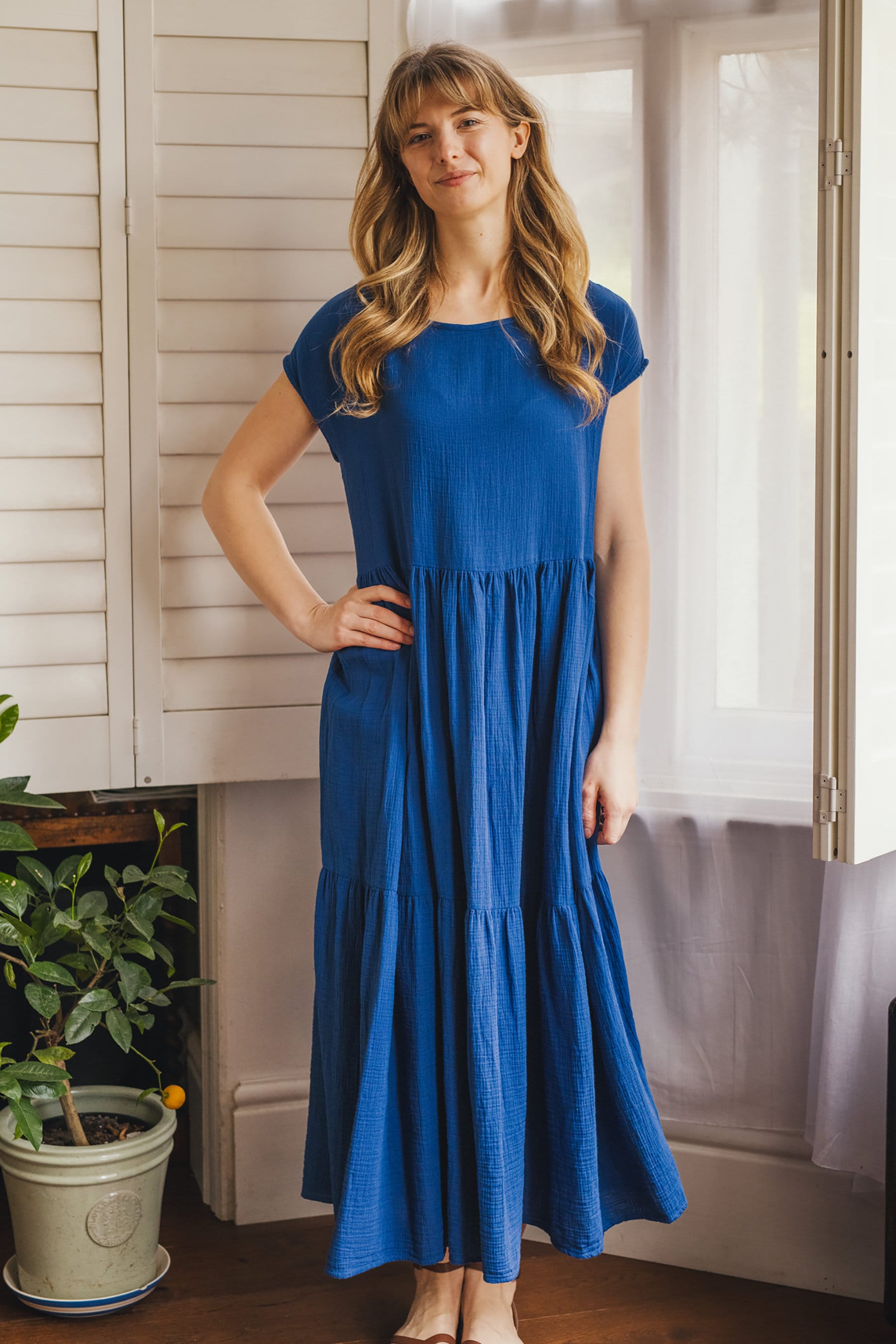 Organic cotton maxi dress, 'Emily' blue crinkle cotton maxi dress with pockets, lightweight long sustainable summer dress handmade in UK