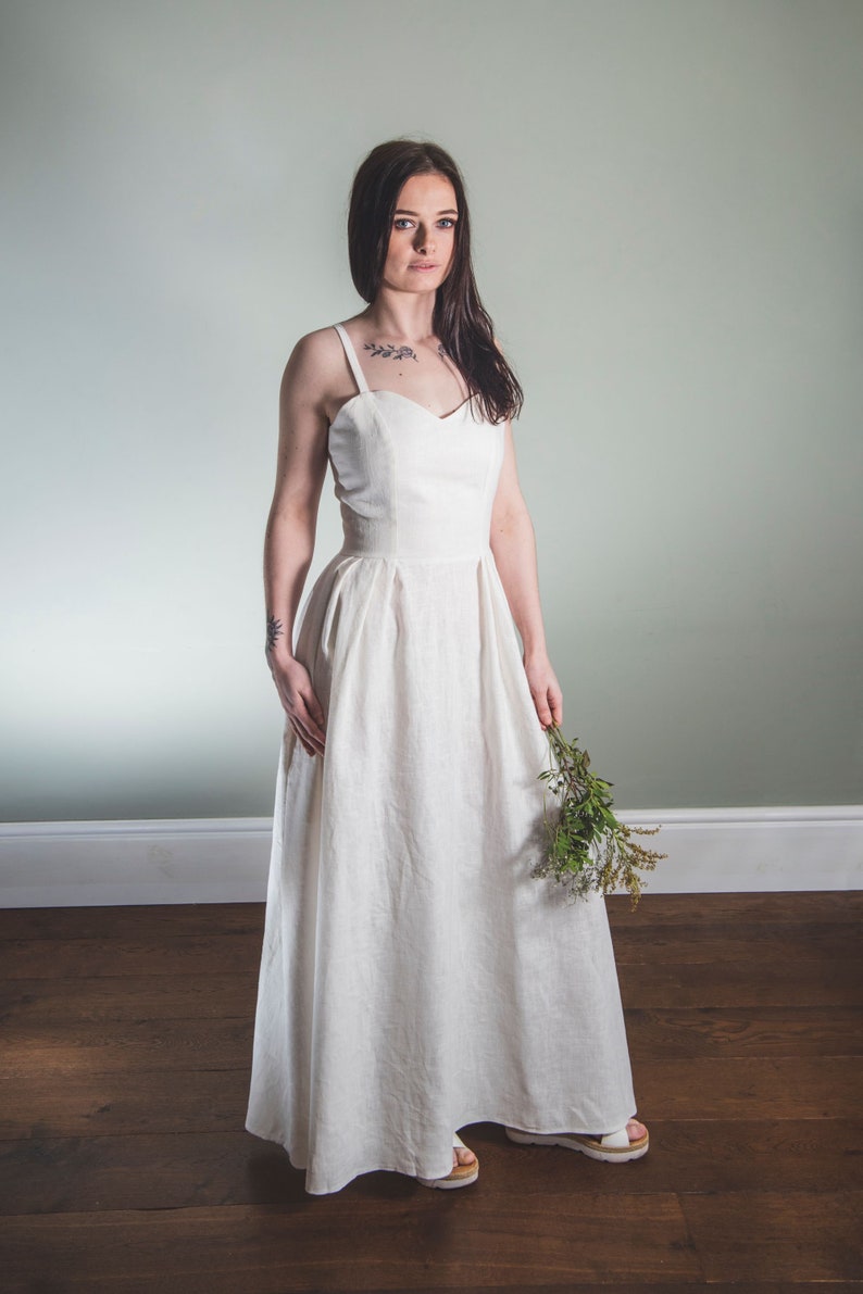 white linen wedding dress