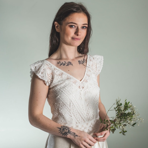 v-neck lace bridal top, cotton lace button back top, v neck bridal top made in english cotton lace, bridal top, off white lace top uk