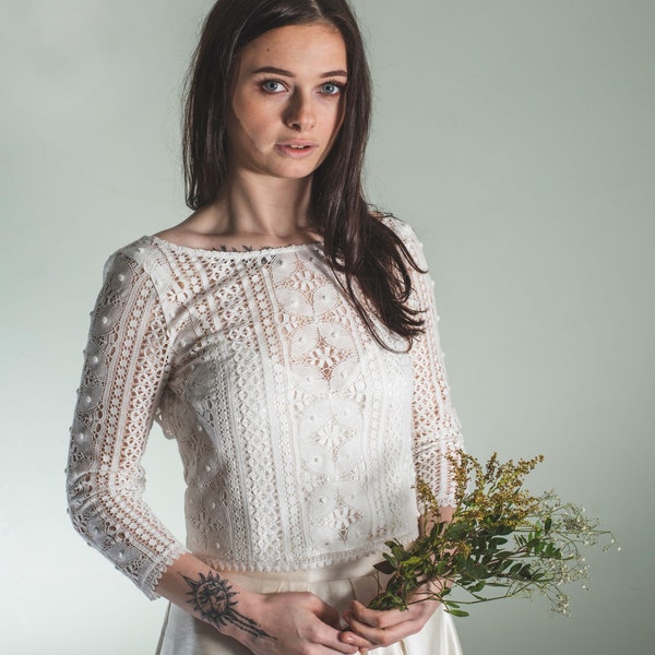 bridal top in cotton lace, button back white lace top, bridal top made in english cotton lace, bridal top, white lace top uk