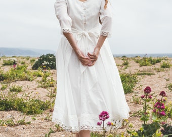 Organic Cotton Off-white Dress, 3/4 Sleeves White Cotton