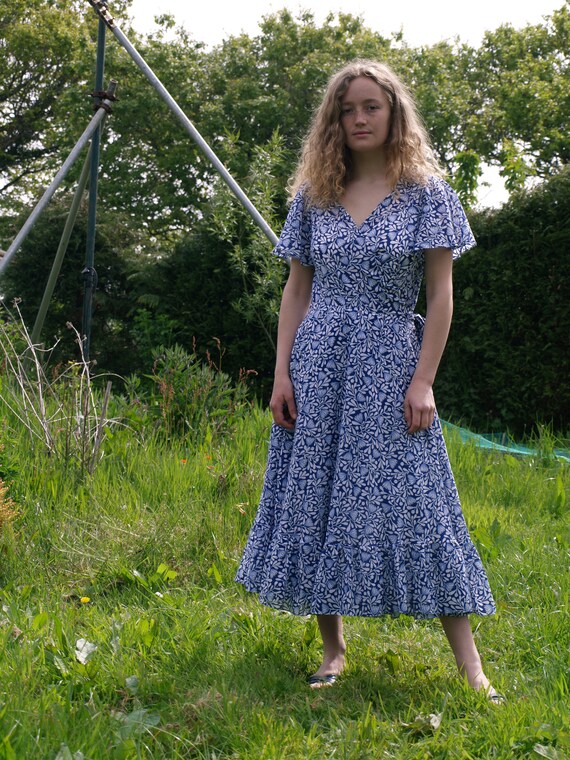 blue and white wrap dress