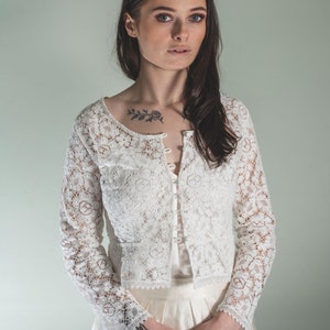 cotton lace bridal cardigan, white lace bridal top, lace top made in english cotton lace, cotton bridal top, white lace top uk
