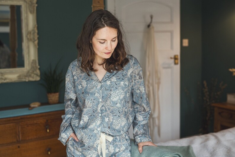 Organic Cotton Pyjama trousers and shirt, light blue William Morris print organic cotton Pyjama set, Handmade in the UK, Gifts for her image 1