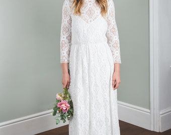 Long cotton lace wedding dress with sleeves- boho wedding dress, relaxed casual wedding dress, eco wedding dress, made in UK