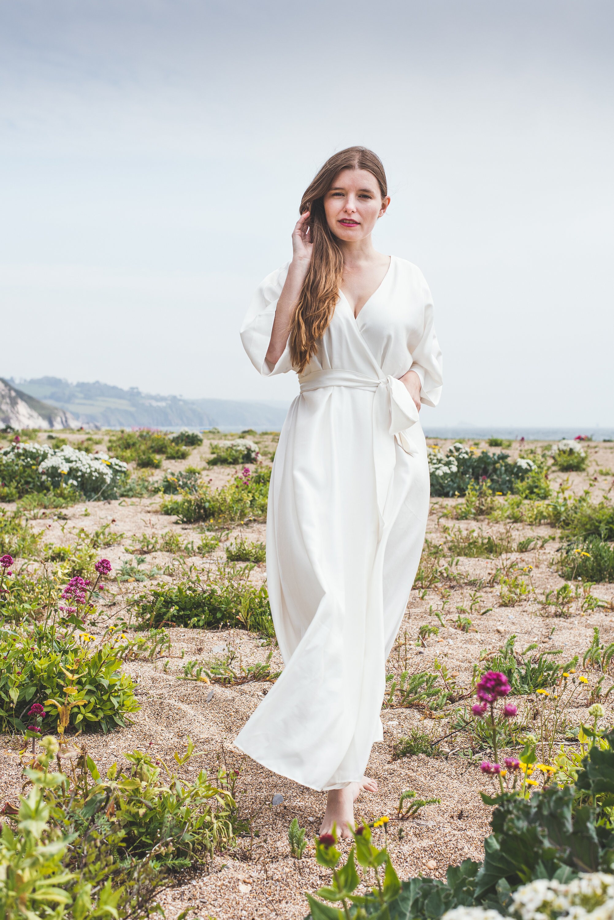 Sample Sale - Wrap Wedding Dress, kimono sleeve ankle length simple wedding dress, eco wedding dress, casual wedding dress UK size S, UK10