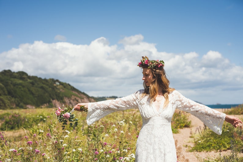 Long cotton lace wedding dress boho wedding dress, 'Willow' wedding dress, cotton lace wedding dress, eco wedding dress, handmade in UK image 2