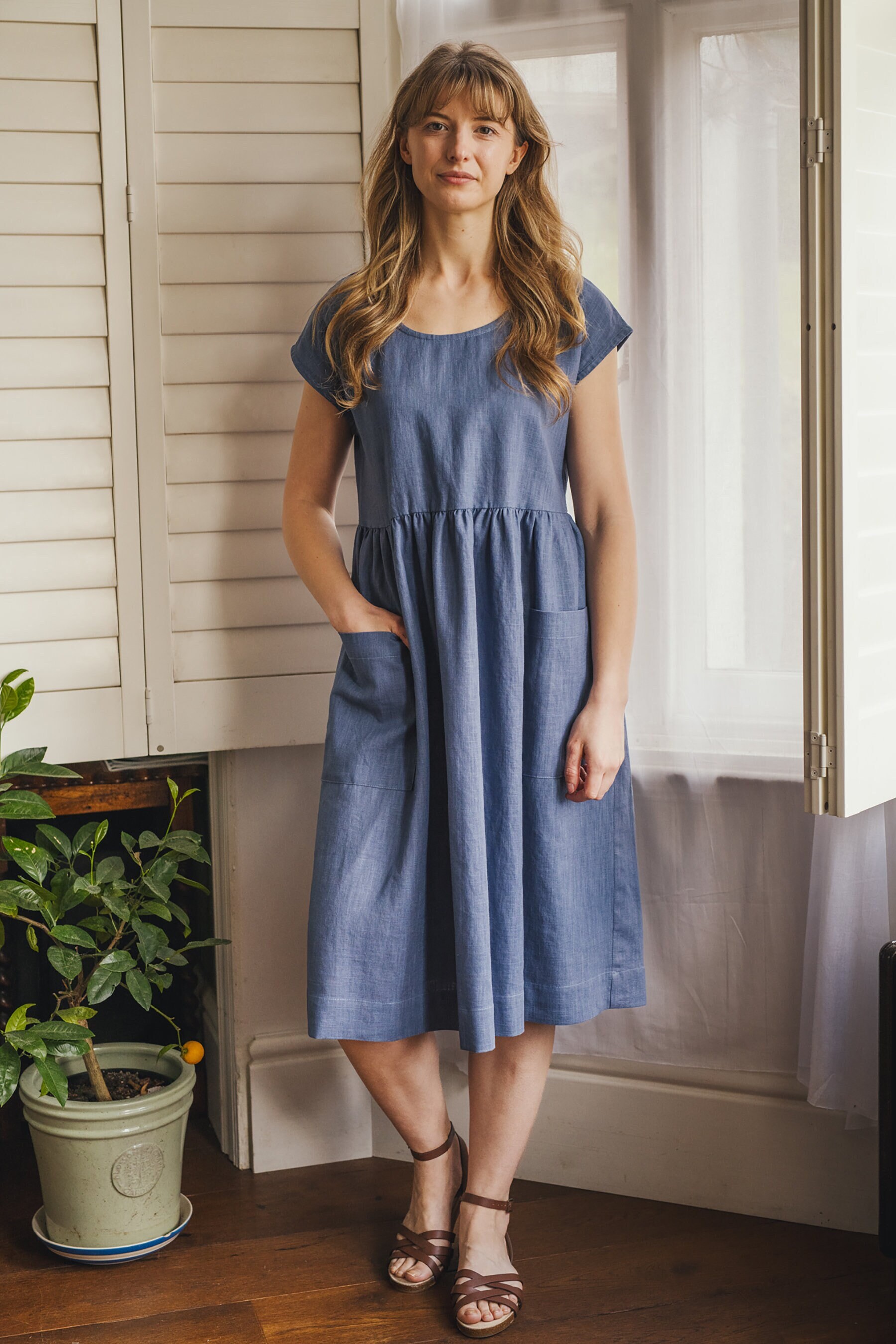 blue linen dress with pockets Light Blue Linen Midi Dress Handmade Fit & Flare for Garden Parties & Weddings