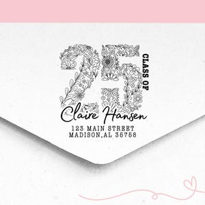 Zelfinktende postadresstempel met dikke bloemen | Afstudeeraankondiging 2025 | Cadeaus voor afgestudeerden | Handgemaakt