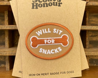 Will Sit for Snacks Embroidered Iron-On Patch | Dog Merit Badge