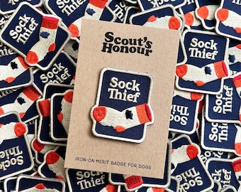 Sock Thief Embroidered Iron-On Patch | Dog Merit Badge