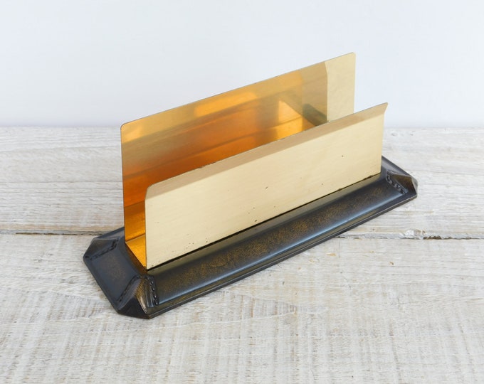 Vintage Letter Holder Retro Desk Organizer Gold Metal & Faux Leather
