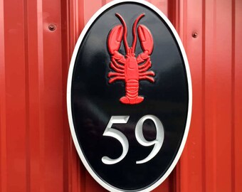 Carved Street Address plaque / House number with Lobster (HN7)