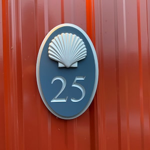 Add Your House Number - Sign with Realistic Scallop Shell  - Carved Street address marker (HN17)