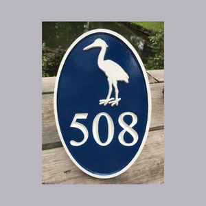 Carved Street Address plaque / House number with Heron or other stock image (A116)