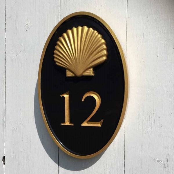 House number sign with Realistic Scallop Shell  - Carved Street address marker (HN12)