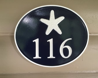 Nautical  House Marker with Street Name Custom Carved Sign with Starfish or other stock image (HN62)