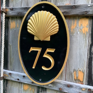 House number sign with Realistic Scallop Shell  - Carved Street address marker (HN14)
