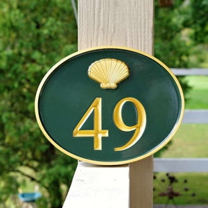 Carved Street Address plaque / House number with sea shell or other stock image (A143)