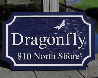 Custom Carved Family Name and Address sign with Dragonfly or other image