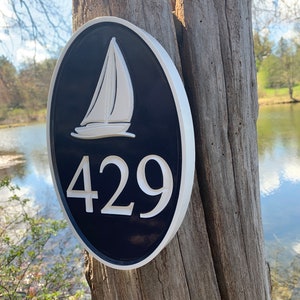 Carved Street Address plaque / House number with sailboat or other stock image (HN83)
