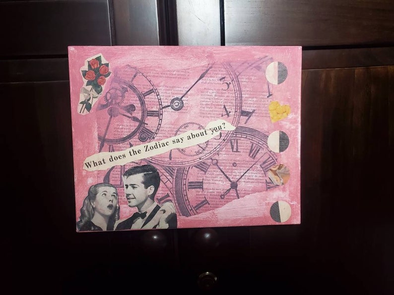 Pink ZodiacMixed Media and Paper CollageVintage EphemeraAstrologyZodiacRetroAcrylic8x10