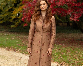 Embroidered Silk Coat: Women's Mid Length Floral Wedding Guest Outfit