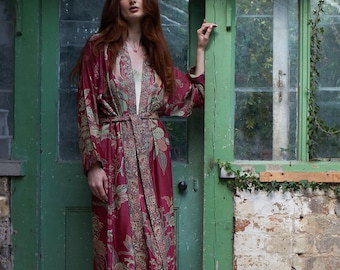 Cashmere Silk Dressing Gown: Moss Rose Tree of Life Robe