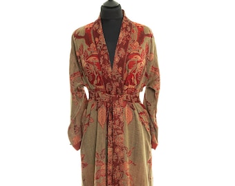 May include: A long, red and green patterned robe with a self-tie sash. The robe has a floral and bird design.