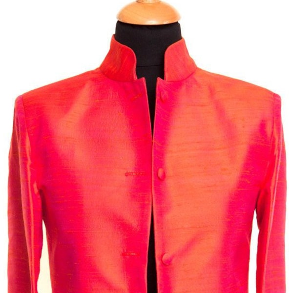 Womens Flame Bright Orange Red Raw Silk Jacket, Nehru Collar Longline Jacket, Wedding Outfit, Cruise, Special Occasion, Ascot, Party