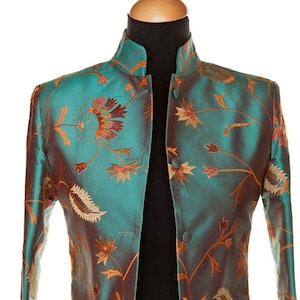 Ladies Beautiful Teal Embroidered Raw Silk Longline Jacket, Nehru Collar, Flattering Long Jacket, Autumn Wedding, Smart Occasion, Opera