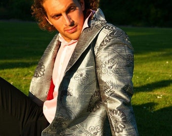 Men's Silk Coat, Raw Silk,, Pewter, Silver, Embroidered, Groom, Groomsmen, Father of the Bride, Occasion, Wedding Guest, Formal