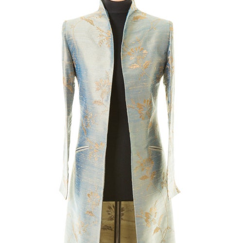 Floor Length Bridal Coat in Blue and Gold Embroidered Silk - Etsy