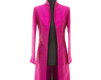 Ladies Bright Magenta Pink Raw Silk Floor Length Coat, Mother of the Bride, Opera Coat, Cruise Wear, Plus Size Wedding Guest Dress, Coat