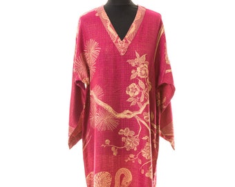 Women's V Neck Cashmere Kaftan, Deep Raspberry Luxury Cosy Kaftan, Night Wear, Casual