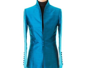 Women's Beautiful Kingfisher Blue, Raw Silk Coat, Special Occasion, Elegant Fitted Coat, Covered Buttons