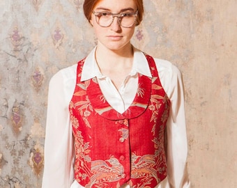 Cashmere Waistcoat, Silk, Red, Silver, Embroidered, Patterned, Unisex, Petite, Plus Size, Formal, Event, Occasion, Mother of the Bride