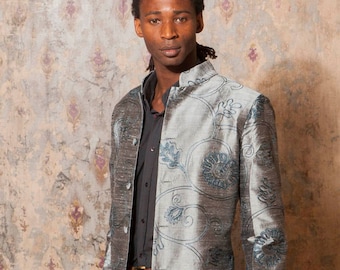 Men's Silk Jacket, Coat, Silver, Grey, Raw Silk, Embroidered, Shot Silk, Floral, Patterned, Shimmer, Menswear, Bridal, Groom, Groomsmen