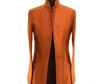 Women's Burnt Orange Raw Silk Nehru Collar Coat, Autumn/ Fall Wedding Outfit, Mother of the Bride, Races, Opera, Party, Special Occasion