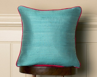 Handmade Raw Silk Cushion: Paradise Turquoise Blue with Hot Pink Piping
